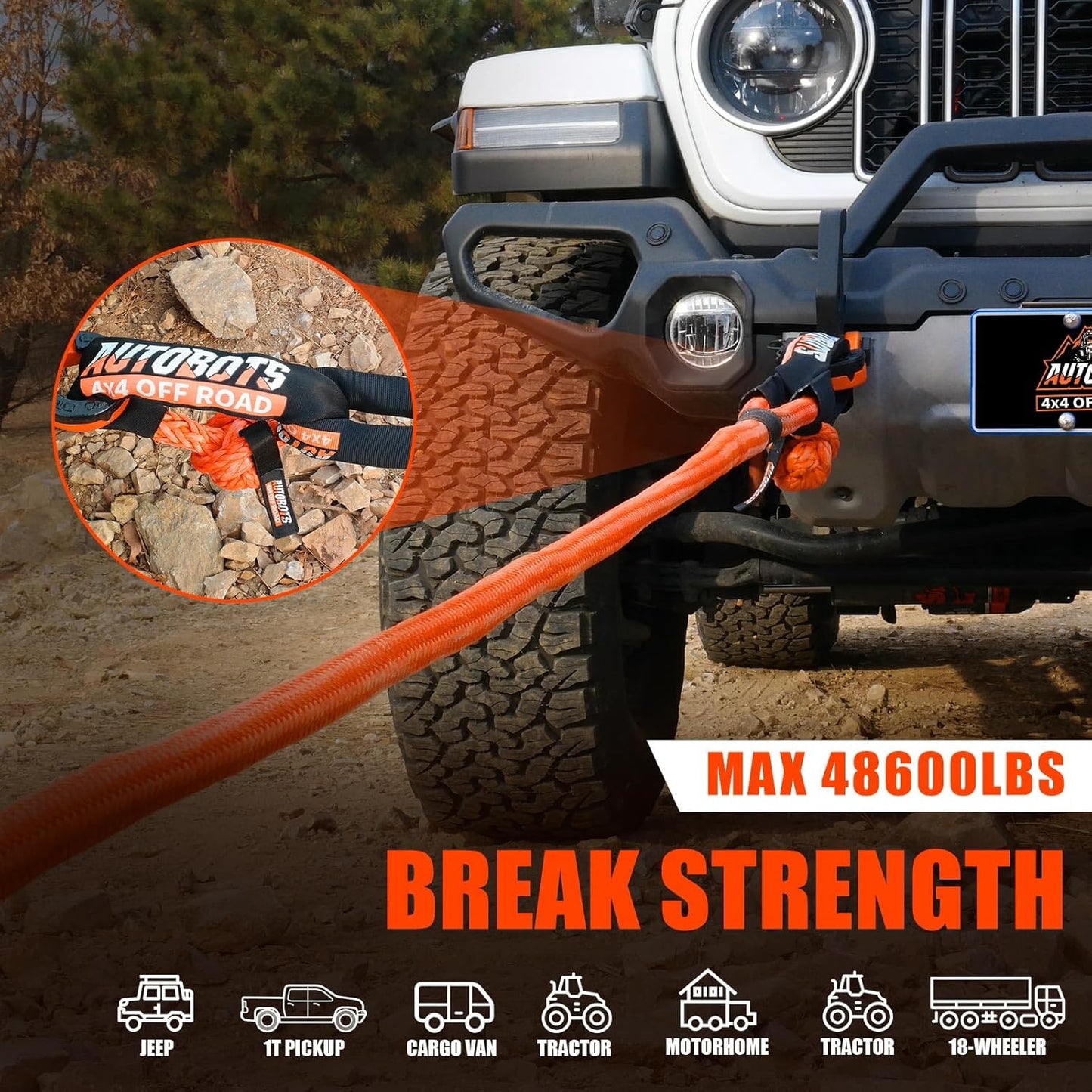 AUTOBOTS Kinetic Recovery Rope 1" x 30'(48,600lbs)，Heavy Duty Tow Rope Tow Strap for Truck ATV UTV SUV Car，Offroad Recovery Kit