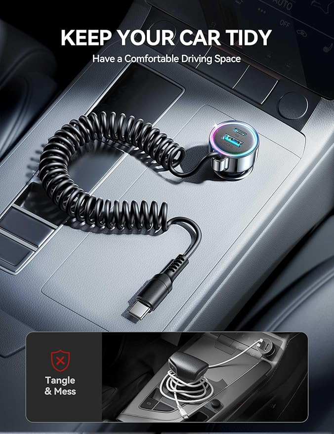 USB C 90W Car Charger for iPhone 17/16 Pro Max, PD & QC3.0 w/5 ft 45W Type Coiled Cable, Fast Car Phone Charger Adapter for iPhone 17Air/15 Pro, Samsung Galaxy S25/S24/S23, Pixel 10/LG/Android, iPad
