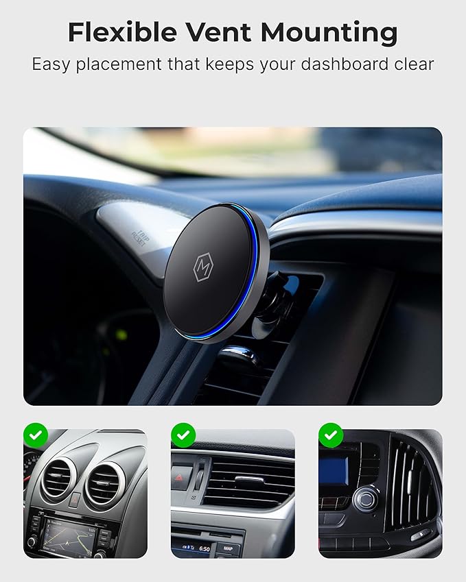 Mag Switch Qi2 Mag Safe Wireless Car Charger Air Vent Mount, 15W Fast Charger with a built in on/off switch for charging, Strong N52 Magnets, Compatible with iPhone 14/15/16/17 Iphone Air
