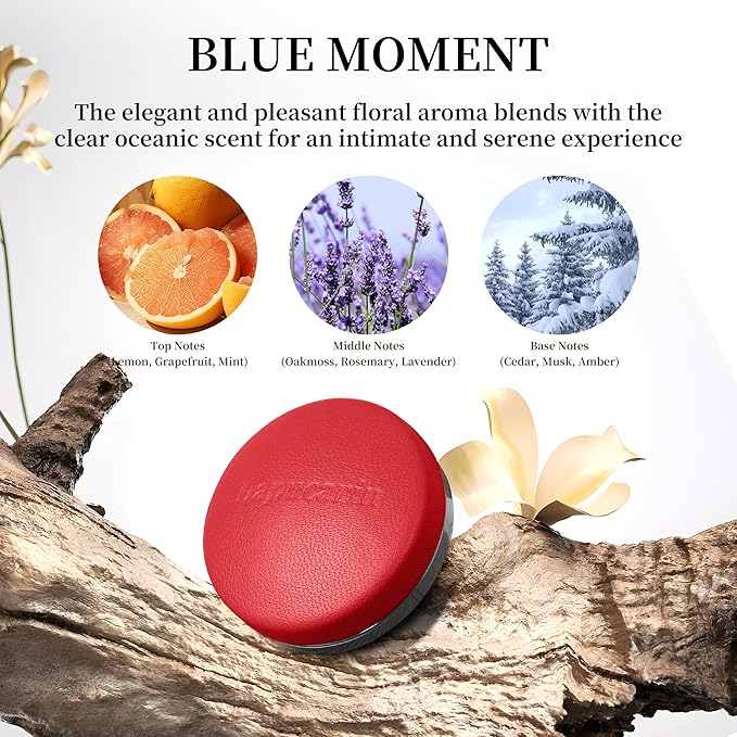 Car Air Freshener Vent Clip Fragrance Long Lasting Auto Odor Eliminator - Made with Natural Plant Extracts - Red Leather Diffuser with 2 Pieces Blue Moment Scent Refills