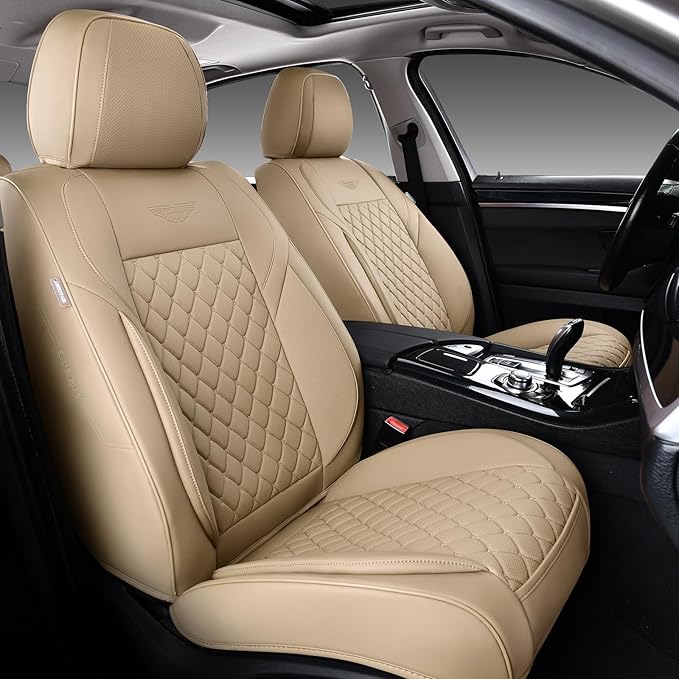 Auto Car Seat Covers Full Set Leather Cushion Protector Breathable Waterproof Seat Cover for Cars Universal Fit (Beige, Full Set Without Headrest)