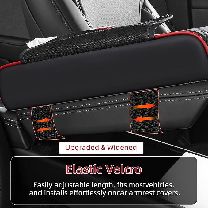 5 in 1 Car Center Console Cover, Armrest Pad with 2 Storage Pockets, Cup Holder, Tissue Box Slot, Phone Holder, Universal Car Interior Organizer (Black with Red Stitching)