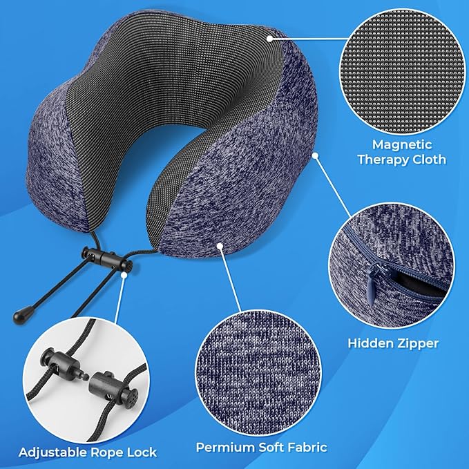 Travel Pillow, Travel Pillows for Sleeping Airplane, Neck Pillow Airplane, Memory Foam Neck Pillow Set with Eye Mask, Earplugs and Storage Bag -Mottled Blue