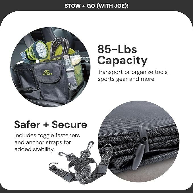 Auto Joe Collapsible Car Trunk Organizer, Storage Caddy with Adjustable Straps, Black - Portable Organization for Automotive Accessories, Cargo, Gear, and Essentials, ATJ-CTSO-BLK