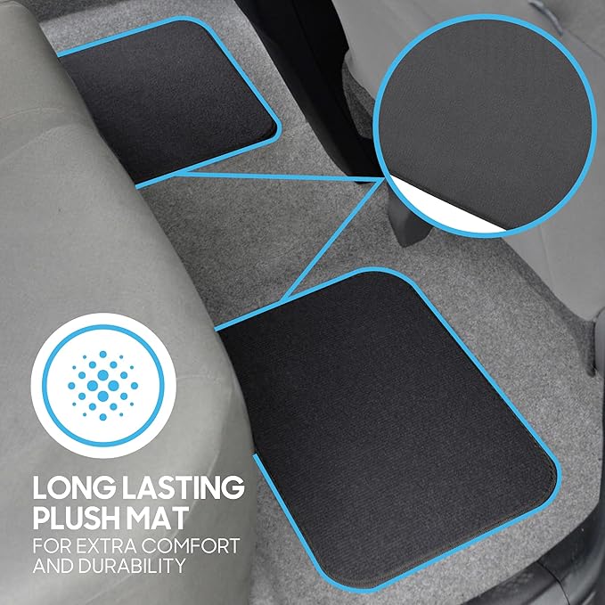 BDK Premium Charcoal Carpet Floor Mats for Cars - Universal Fit Interior 4-Piece Car Mats Full Set with Vinyl Heel Pad Protector - Cute Car Accessories Interior Floor Covers for SUVs & Trucks