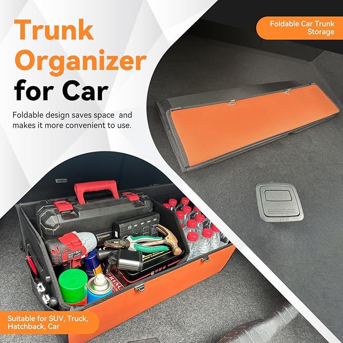 Noaman Leather Trunk Organizer for SUV - Large Car Trunk Storage Organizer with Lid and 2 Removable Dividers, Foldable Car Organizers and Storage Box for Sedan with 2 Metal Locking Clasps Black.