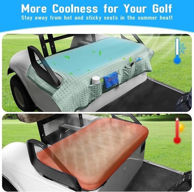 Golf Cart Cooling Ice Silk Seat Cover Blanket for EZGO TXT RXV/Club Car DS Precedent Front 2-Person Seats, 4 Pockets, Keeps Cool and Clean - Green