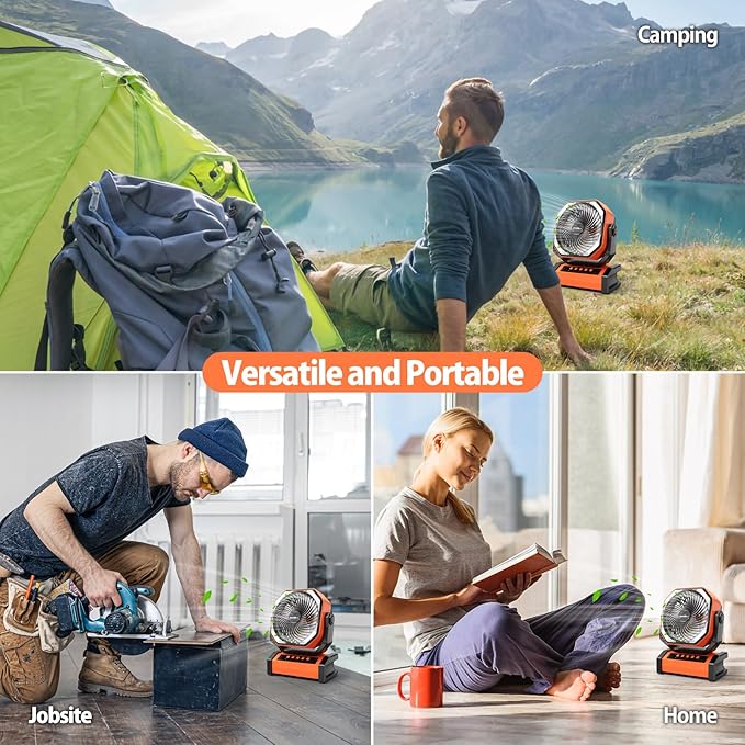 AddAcc 20000mAh Rechargeable Camping Fan - Battery Operated Fan with Light & Remote, Auto Oscillating, 4 Timer, 60 Hrs Work Cordless Tent Fan for Travel Outdoor RV Garage Power Outage Emergency