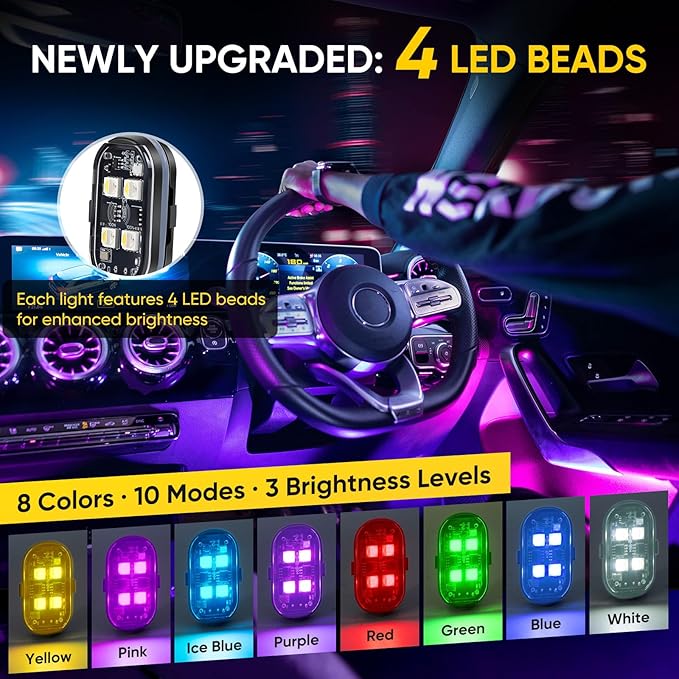 4PCS Wireless LED Lights with Remote Control, Upgraded 4LEDs 8 Colors, Interior Underglow Anti Collision Warning Strobe Light for Car Motorcycle Bike Drone Aircraft
