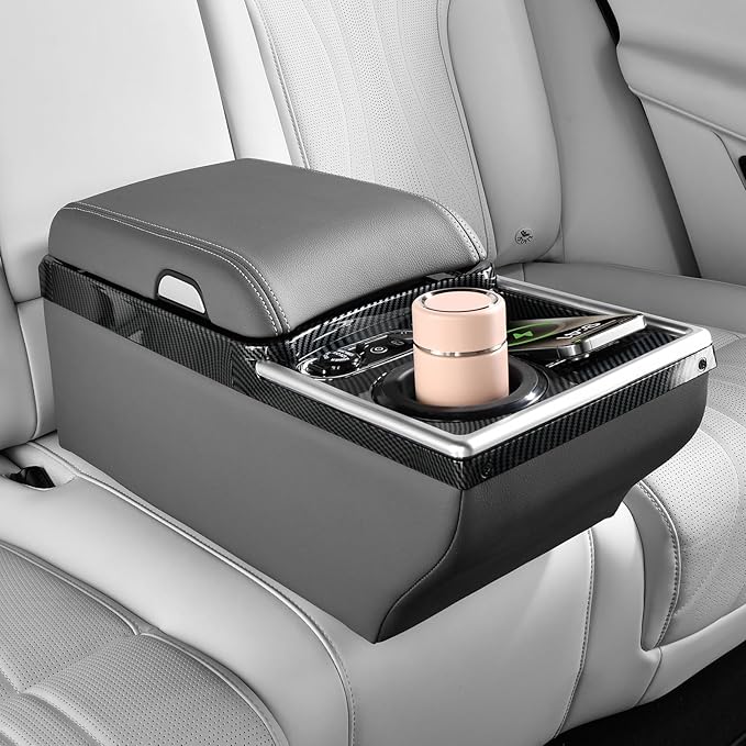 Coverado Center Console, Universal Bench Seat Center Console with Wireless Charging & Cup Holder & 7 Light Modes, Truck Back Seat Car Organizer, Rear Central Car Armrest Box with Storage, Gray