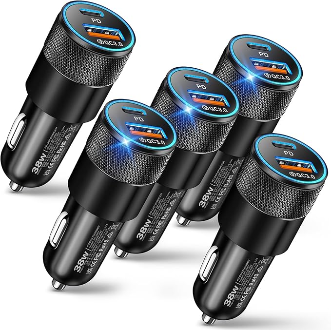 USB C Car Charger, 5 Pack 38W Dual Ports USB-C & USB-A Cigarette Lighter Adapter Fast Charging Car Phone Charger for iPhone 17 Pro Max 16 16e 15 14, Samsung S24, Pixel Cargador para Carro Phone Plug
