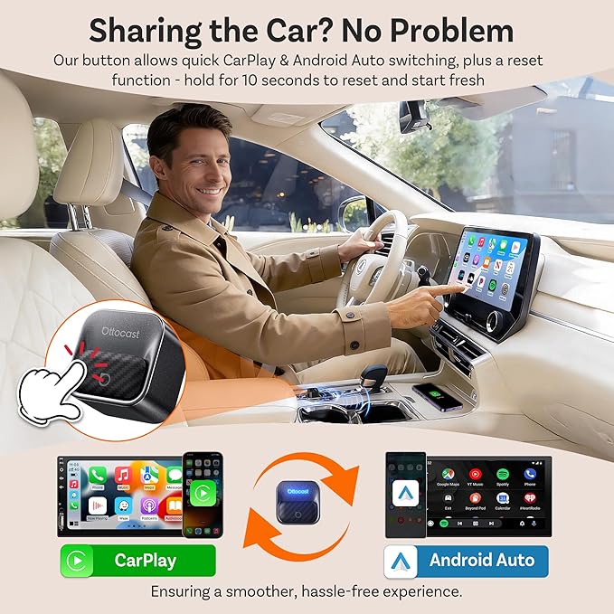 Ottocast Mini Core 2026, 2-in-1 Wireless CarPlay Adapter & Android Auto Adapter – Auto-Switch, Plug & Play, WiFi 6, Fast Reconnect, Mini & Stable