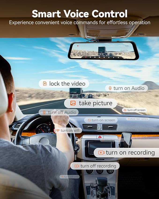 WOLFBOX G850 PRO 4K Mirror Dash Cam with ADAS and BSD, Smart Rear View Mirror with 5.8GHz WiFi, Voice Control, 12 inches Camera Includes 64GB Card, GPS, G-Sensor, Loop Recording