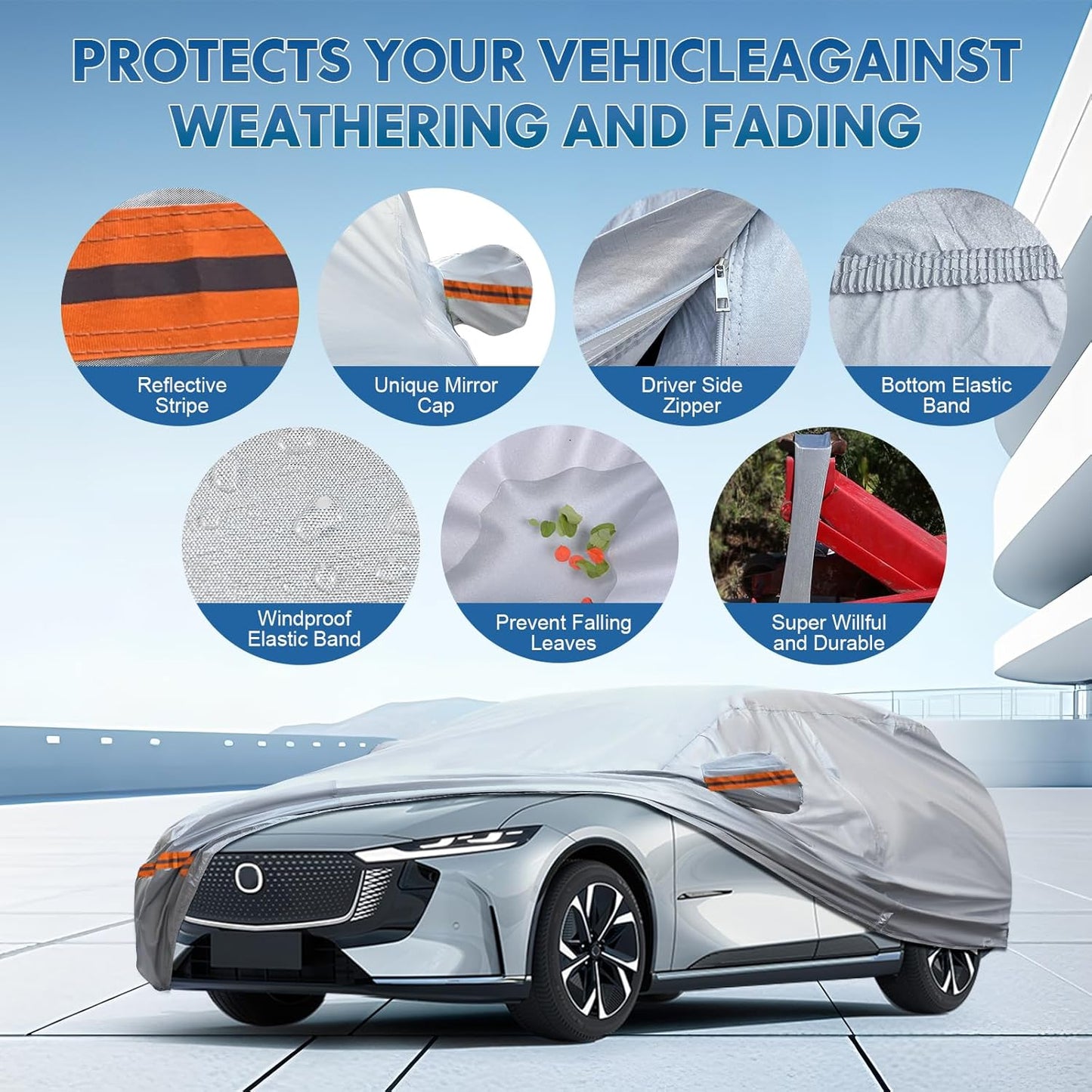 KEYOOG 6-Layer Full Car Cover is All-Weather Waterproof, Fit for 168"-182" Length Sedan, Universal in All Seasons, Snow Prevention, Rainproof, Acid Rainproof, Sunscreen, Orange Reflective Strip
