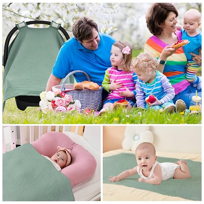 SERAPHY 100% Muslin Cotton Car Seat Cover Baby, Universal Carseat Covers, Breathable Baby Car Seat Canopy for Boys Girls, Soft Infant Car Seat Cover for Summer —Green