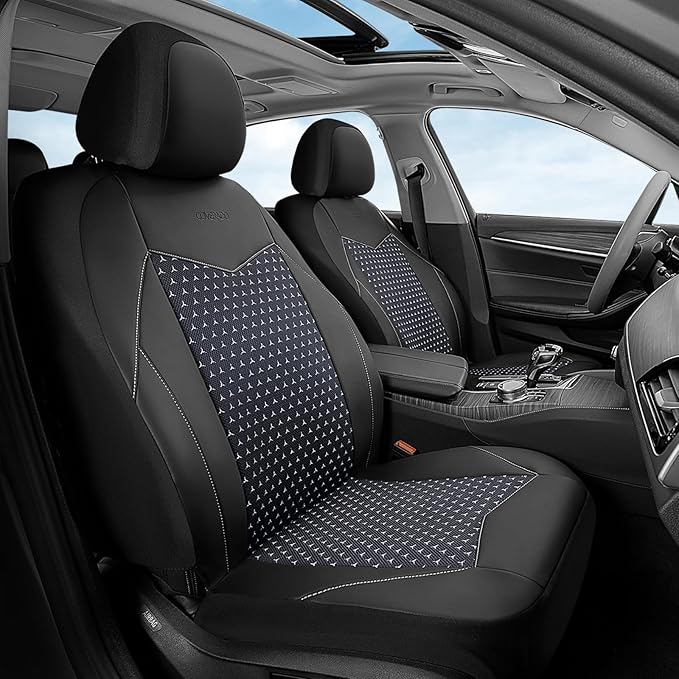 Coverado Front Seat Covers, Breathable Mesh & Leather Car Seat Protectors, Black Driver Seat Cover, Car Seat Cushions, Universal Automotive Seat Covers Fit for Most Sedans SUV Truck, Black