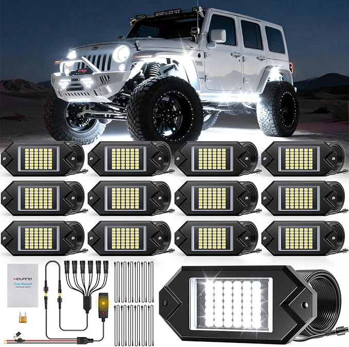 Hovano 12Pods Alloy White Rock Lights Kits with Extension Wires,6000K Pure White Color 42 LED Super Bright Chips IP68 Waterproof Underglow Kit for Pickup Off Road Trucks SUV ATV UTV Golf Car Boat