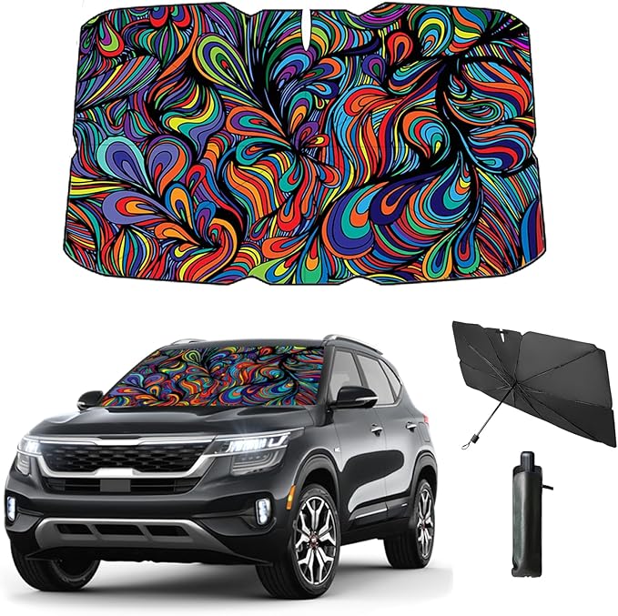Windshield Sun Shade Umbrella for Car Foldable Umbrella Front Window Sunshade UV Block Windshield Shades for Sedan, SUV, Hatchbacks 57 * 31" (Abstract)