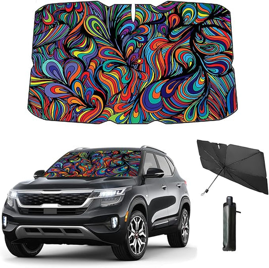 Windshield Sun Shade Umbrella for Car Foldable Umbrella Front Window Sunshade UV Block Windshield Shades for Sedan, SUV, Hatchbacks 57 * 31" (Abstract)