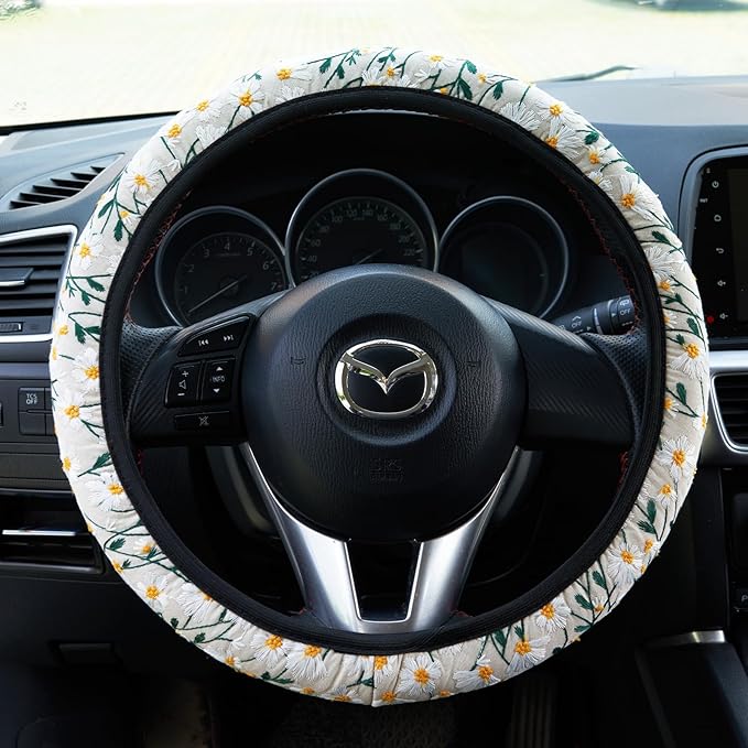 Embroidered Flowers White Cute Daisy Steering Wheel Cover Auto Anti-Slip Breathable Steering Wheel Protector,Floral Car Accessories for Women,Universal Size Fit Most Cars -15 inch