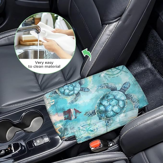 Dreaweet Vintage Sea Turtle Arm Rest Cover for Car Thick Center Console Cover Pad with Pockets Anti-Scratch Car Armrest Cover Cushion Center Console Armrest Replacement