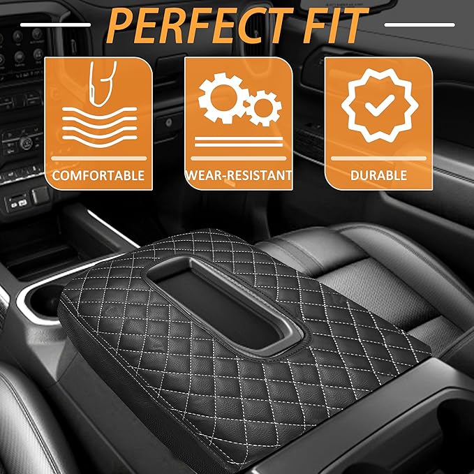 Center Console Cover for Chevy Silverado/GMC Sierra Accessories 2019-2026, Tahoe & Suburban & Yukon 2021-2026 Armrest Cover Middle Console Leather Protector Pad (Bucket Seat Consoles)(Gray Stitches)