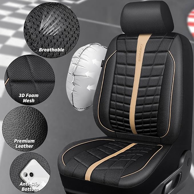 CAR PASS 3D Foam Mesh Leather Car Seat Covers Full Set, Breathable Premium Leather Seat Covers for Car,Anti Slip Universal Fit for Trucks Cars Sedans Vans SUVs, Airbag Compatible, Black Beige