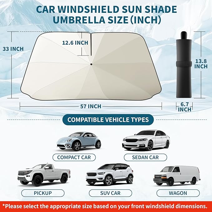 2025 Car Windshield Sun Shade Umbrella, 57"*33", Foldable Sun Shade for Car Windshield Umbrella, UPF 50+ and Heat Protection, Nano Cold Titanium Ice Silk Fabric. Universal Portable