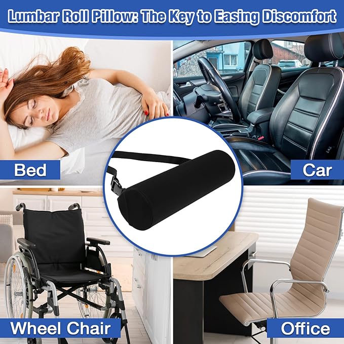 Lumbar Roll Pillows, Lumbar Support Pillow for Office Chair & Car, 15 Inch Pain Relief & Posture Correction Back Support for Office Chair, Car, Bed, Adjustable Strap & Washable Cover