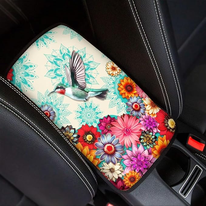 Boho Flower Hummingbird Vehicle Armrest Covers Armrest Seat Box Cover Protector Middle Storage Organizer Pad Aesthetic Interior Decor