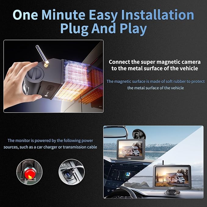 OBEST Magnetic Solar Wireless Backup Camera: 1080P Rear View Camera System with 5" HD Monitor Long Battery Life,Waterproof Reverse Camera for RV Trucks Trailer Car Campers