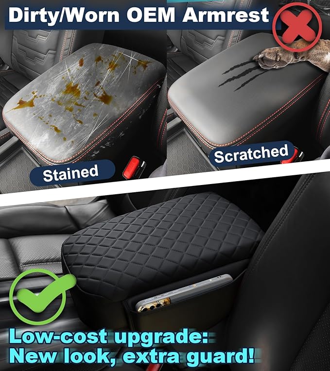 Armrest Cover for Nissan Frontier 2022-2025 Center Console Pad with Organizer Storage Pockets, Black Faux Leather Arm Rest Lid Protector Cushion D41 Interior Accessories
