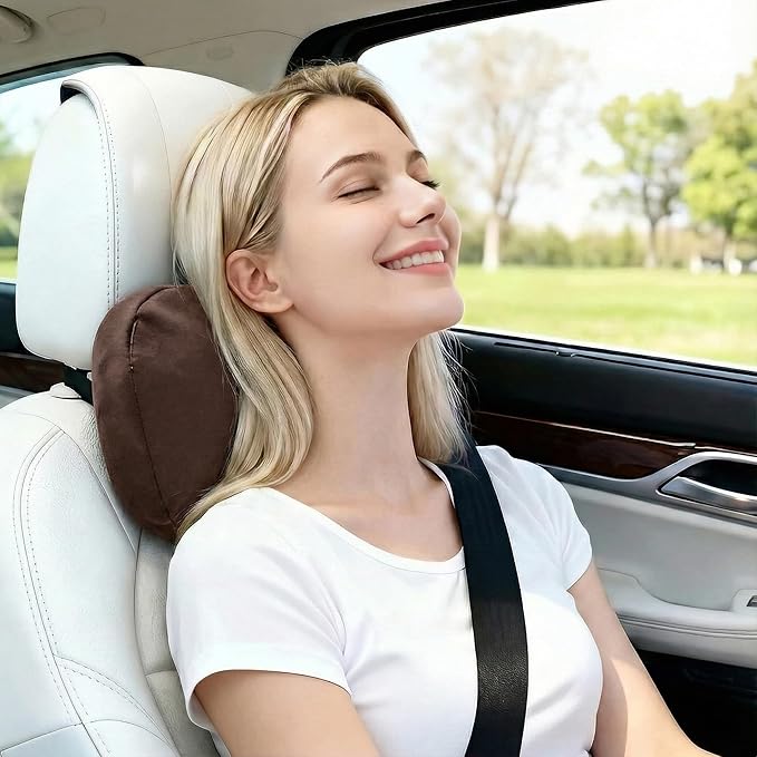 2PCS Car Pillow for Car Neck Pillow for Driving Seat Neck Support Soft Cushion Back Support Head-Rests for Vehicle Sleeping with Elastic Adjustment Strap (Coffee, Head)