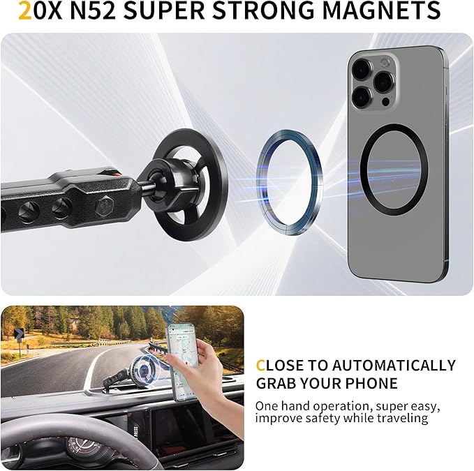 Magnetic Phone Mount Holder for 2018-2023 Jeep Wrangler JL 4XE Gladiator JT, for Magsafe iPhone 12-17 Series Accessories, 360° Adjustable, One-Hand, Off-Road Stable, No Darill Easy to Install