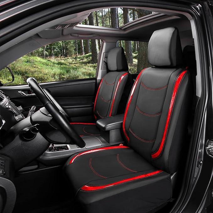 FH Group Full Set Faux Leather Car Seat Covers - Universal Fit, Low Back Front Seat Covers, Airbag Compatible, Split Bench Rear, Seat Cover for SUV, Sedan, Red