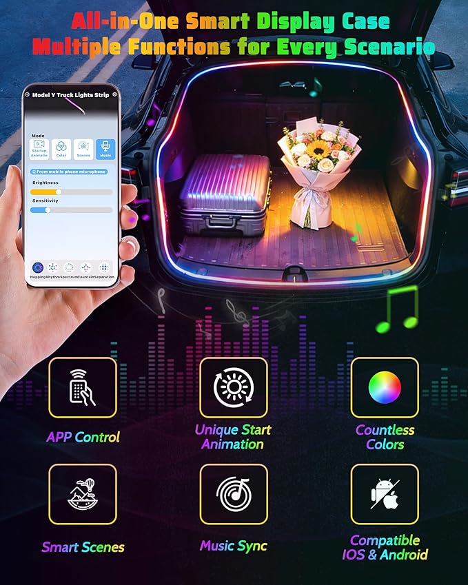 RGB LED Trunk Light Strips for Tesla Model Y & Juniper 2021-2026, APP Control Ambient Neon Trunk Lights with Magnetie Sensor, Auto On/Off, Music Sync, Waterproof Silicone, Plug & Play