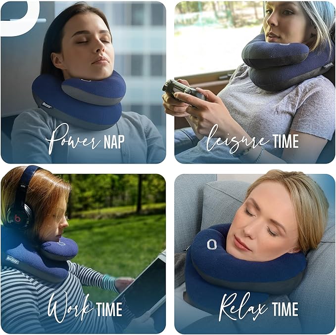 BCOZZY Travel Neck Pillow for Airplane – Patented Double Support for Head, Neck, and Chin. Best for Long Flights, Plane Sleeping, and Car Rides. Adjustable Size. Fully Washable. Carry Bag. Large, Gray