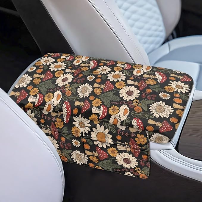 Tupalatus Mushroom Car Armrest Cover with 2 Storage Bags Flowers Universal Center Console Pad Washable Armrest Seat Box Cover Easy Installation Universal Fit for Cars,Trucks & SUVs