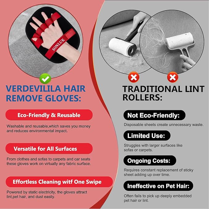 2PCS Pet Hair Removal Glove for Dogs&Cats,Upgraded 5-Finger Electrostatic Magic Brush Reusable Pet Hair Remover Glove for Laundry,Carpets,Sofa Gaps and Car Seats(Red)