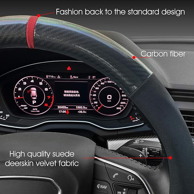 Carodi Car Suede Carbon Fiber Steering Wheel Cover car Anti-Skid Leather car Interior Accessories Decoration 15 inch Universal (Black)