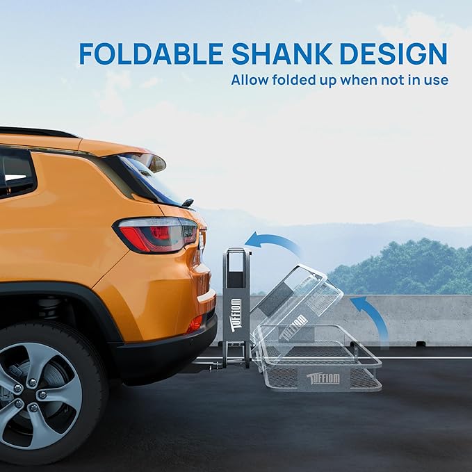 TUFFIOM Folding 500lbs Steel Hitch Mount Basket Cargo Carrier, 60"x20"x6" Trailer Hitch Cargo Carrier Luggage Rack w/Net, Waterproof Cargo Bag, 4 Straps & Stabilizer for SUV Car Truck Van