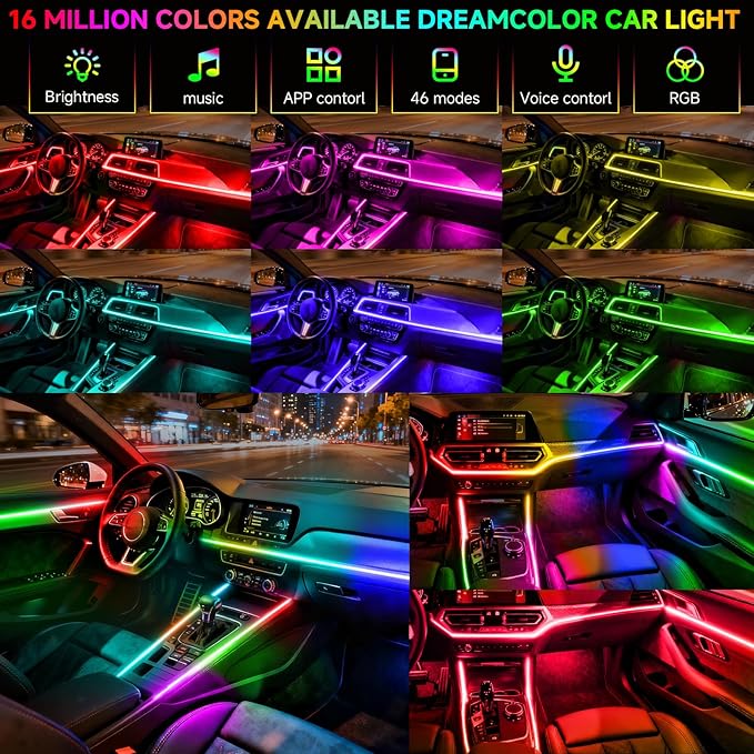 Interior Car LED Strip Lights Acrylic Fiber Optic Strip LED Lights with APP&Remote Control Dynamic Chasing Music Sync Neon Ambient Lighting Kits for Cars,SUVs,Trucks(55.12inch*2)