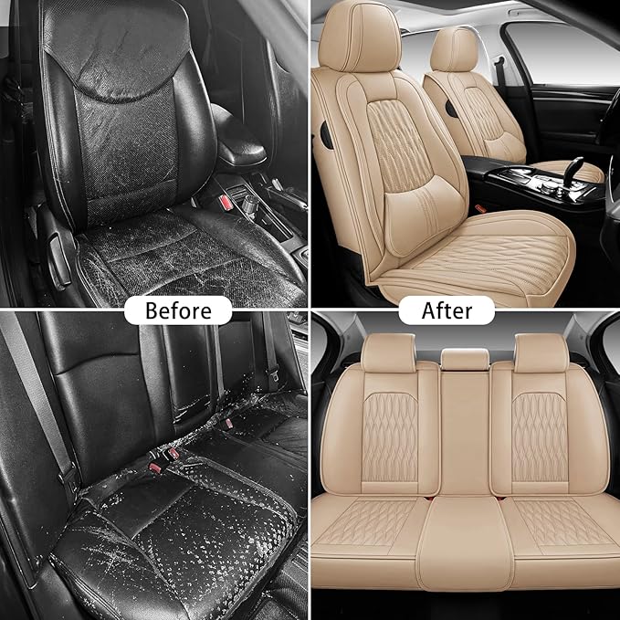 WELLDO Car Seat Covers Full Set, Leather Seat Covers for Car, Waterproof Car Seat Protector with Lumbar Support, Automotive Seat Covers Universal Fit for Most Cars SUV Truck, Beige-White