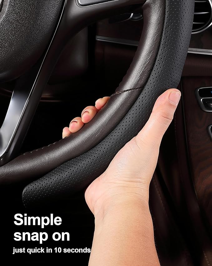 West Llama Nappa Leather Steering Wheel Cover for Car,Thin Steering Wheel Wrap Universal 14.5-15 Inch,Fit Cars,SUVs,Trucks(Black-O-Shaped)