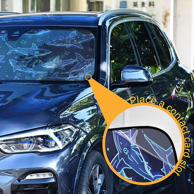 Cute Sharks Blue Windshield Sunshade Car Sun Shade Blocks UV Rays Visor Protector Accordion Folding Sun Reflector Auto Sunshade for Truck SUV