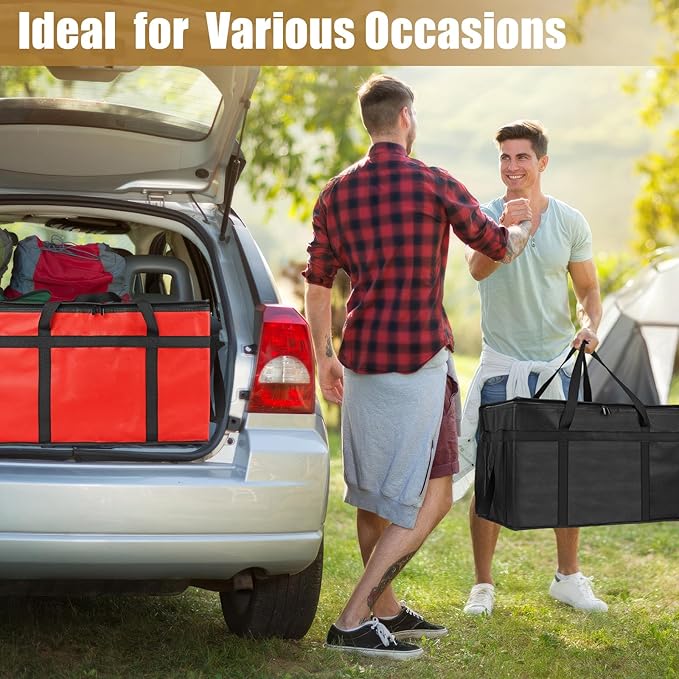 PEASUG 2 Pcs Insulated Bags for Food Delivery, XXXL Pizza Delivery Bags, Large Capacity Cooler Bag Keep Food Warm for Grocery Shopping and Catering, Foldable, Heavy-Duty (Red+ Black)