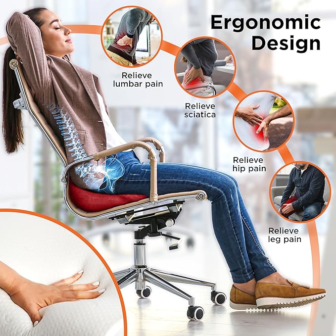 BLACK+DECKER High Back Tailbone Seat Cushion – Memory Foam Chair Cushion for Office, Car, Wheelchair & Airplane – Ergonomic, Non Slip, Breathable Mesh, Sciatic Pain Relief, Washable Cover, Purple