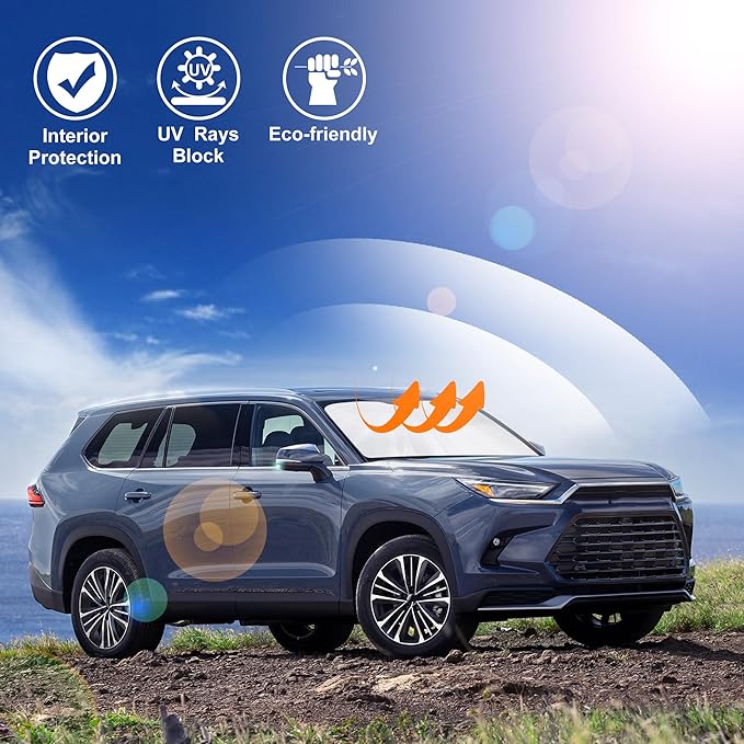 Windshield Sun Shade Custom Fit for 2024 2025 2026 Toyota Grand Highlander Accessories Foldable Sunshade Sun Blocker Protect Car from Sun Rays & Heat Damage Keep Car Cooler