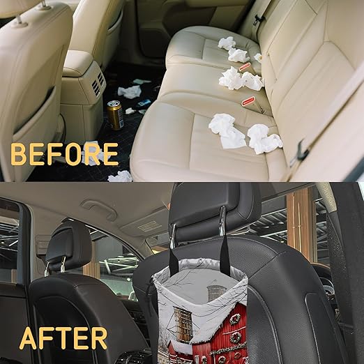 Snowy Red Barn Car Trash Bag,Mistletoe Wreaths Strap Drawstring Car Garbage Bags,Car Back Seat Organizer with Adjustable Buckle for Car Accessories
