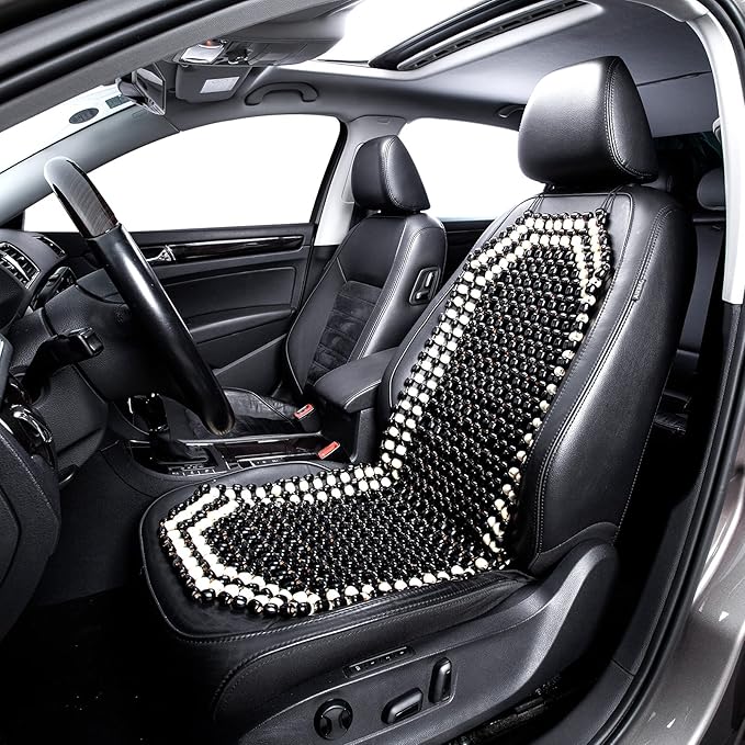 Road Comforts Wood Beaded Seat Cover Back Massage Cushion for Stress Free - Keeps Back from Getting Sweaty While Driving 1PC (Black)
